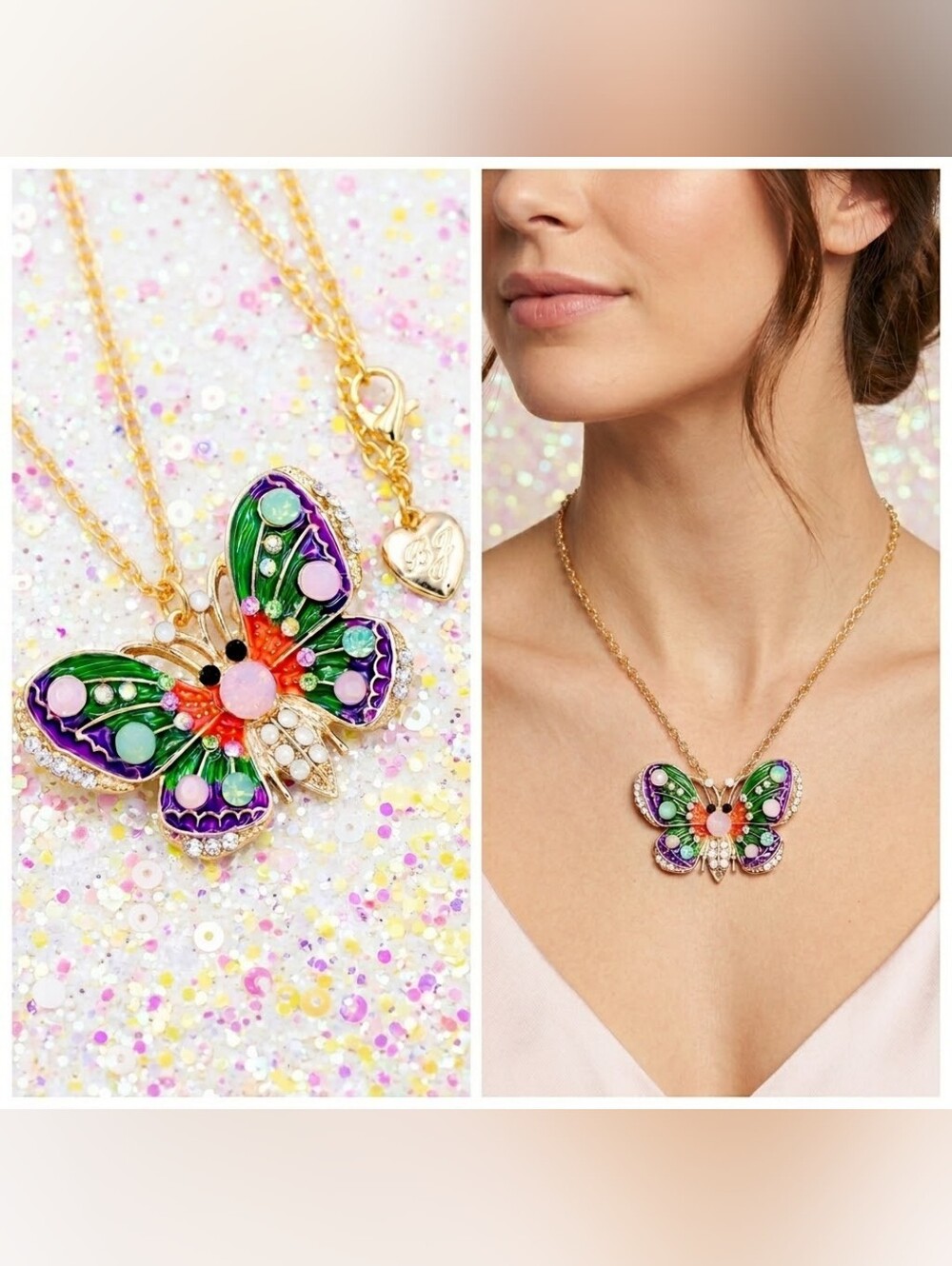 18K gold plated multicolored crystal butterfly necklace/brooch